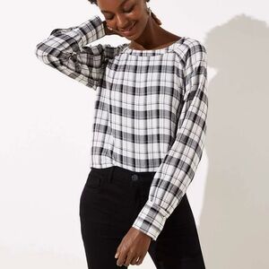 LOFT Women Long Sleeve Plaid Checked Blouse XL Black White Bow Back Lightweight